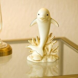 Lefton China 1998 Hand Painted White Dolphin Figurine with Gold Accents